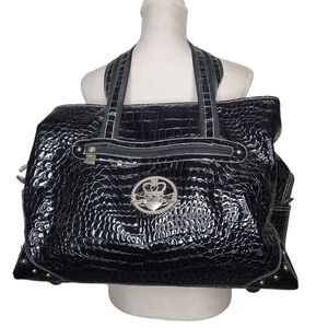 Kathy Van Zeeland Black Faux Crocodile Patent Studded Leather Weekend Bag